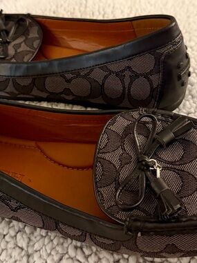 Coach Black and Grey Logo Canvas Tassel Loafers